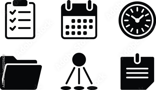 A collection of six black and white icons representing organization and time management elements nicely set up