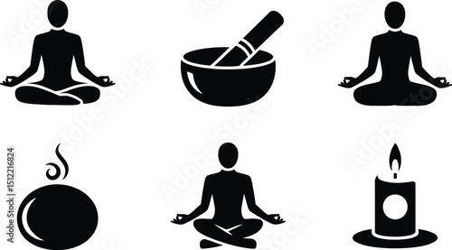 Collection of yoga and meditation icons featuring figures in lotus position and relaxation symbols