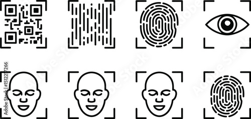 A set of black and white icons representing qr code, barcode, fingerprint, eye and face recognition