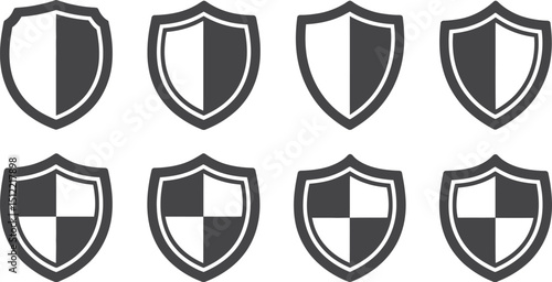 A set of eight shields with varying color divisions displayed on a white background in a pattern
