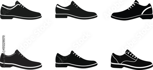 Collection of vector silhouette shoe styles including black and white fashion footwear for men and women