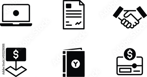 A set of six black and white icons depicting a laptop, contract, handshake, money, book, and credit card