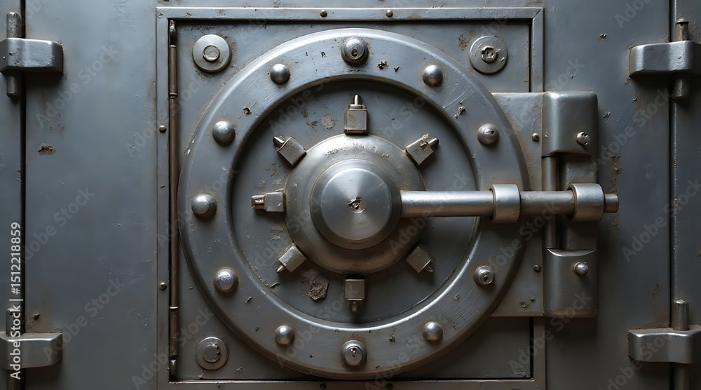 Heavy metal vault door secured with a prominent locking mechanism in a dimly lit basement Generative AI Heavy metal vault door secured with a prominent locking mechanism in a dimly lit basement Generative AI