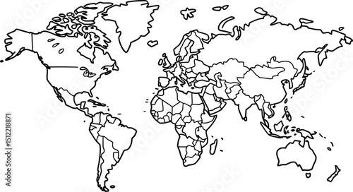 A black and white outline map of the world showing continents and country borders in a simple style