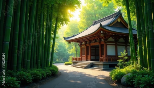 Ancient Kyoto temple bamboo grove, sunlight dappled , flora, calm