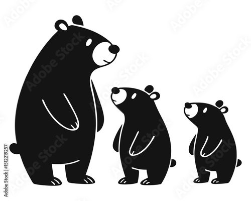 Cartoon Bear Family Silhouette Illustration on Black Background