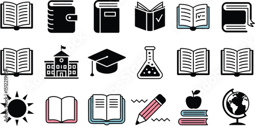 A collection of education related icons including books, school, graduation cap, and science equipment