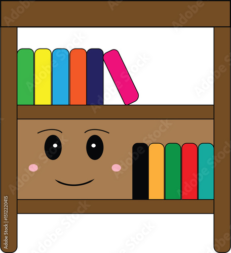 A cartoon-style bookshelf with smiling face and colorful books, ideal for educational content or classroom designs.