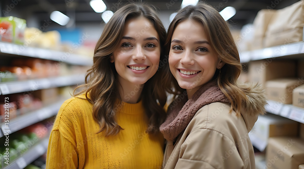 Friends enjoying their shopping experience at a grocery store in a vibrant market setting Generative AI Friends enjoying their shopping experience at a grocery store in a vibrant market setting Generative AI