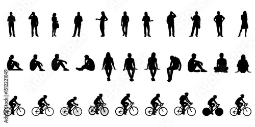Architectural Drawings people vector illustration, side view, standing, sitting, cycling, human person Minimal style hand drawn. Sections, Elevations, Floor Plans