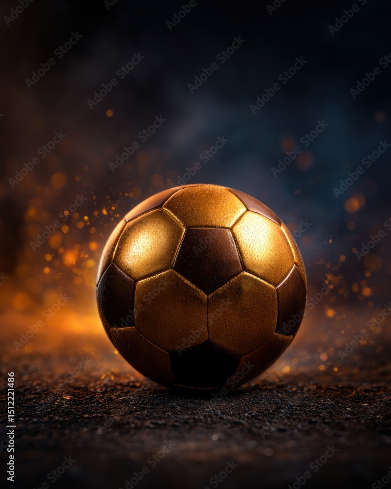 Fototapeta premium A stunning close-up of a golden soccer ball, illuminated against a dramatic backdrop of sparks and shadows, capturing the essence of sports and passion for the game.