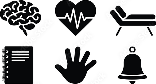 A collection of mental health related icons featuring a brain heart couch notebook hand and bell icons