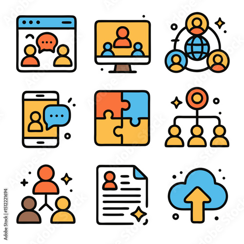 
Team web nine icons for human resources. Suitable for presentations, websites, infographics, and marketing materials related to HR topics.