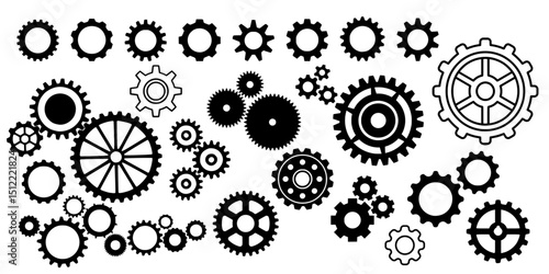 Gear icon vector set, black cogwheel vector collection, mechanical gear shapes, engineering symbols, industrial machinery, sprocket designs, abstract gearwheel graphics