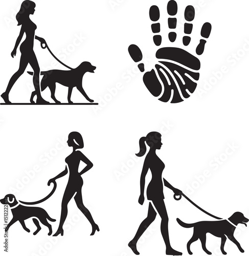 A compilation of black silhouettes featuring women walking dogs and a hand print on a white background