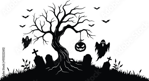 Spooky halloween silhouette of haunted tree with bats, pumpkins, and ghosts capturing eerie festive atmosphere

