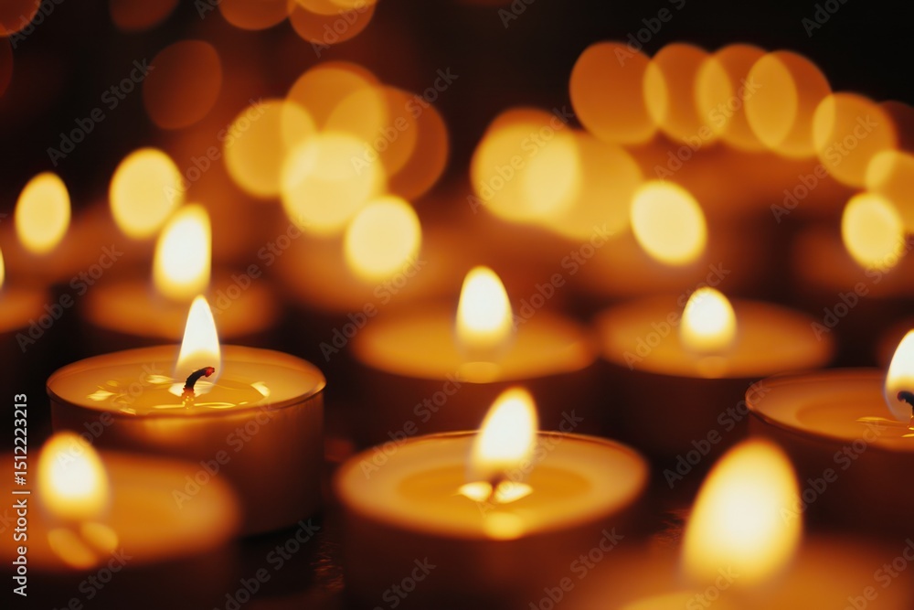 Peaceful scene of many tea candles with warm firelight Peaceful scene of many tea candles with warm firelight
