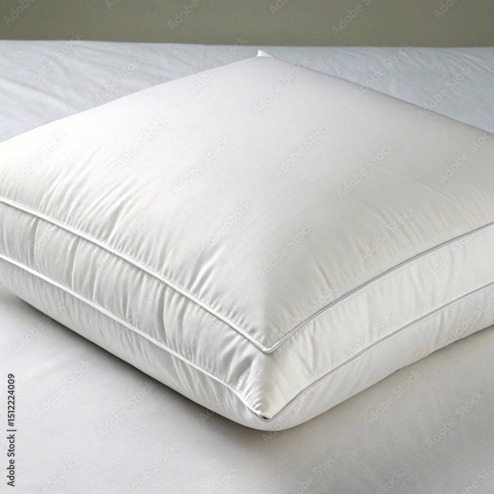 Fototapeta premium Close-up of a soft white pillow on a bed, perfect for sleeping and relaxation, showcasing its fluffy texture and clean design in a cozy bedroom setting