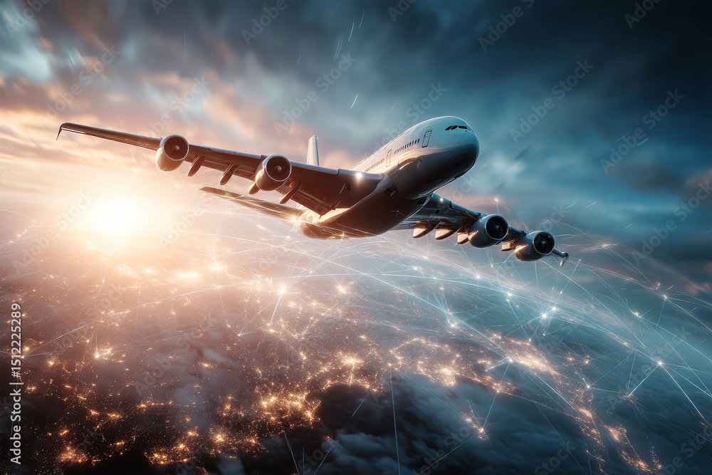Naklejka premium Expressive abstract cargo plane gliding around a globe with vibrant city background representing global trade