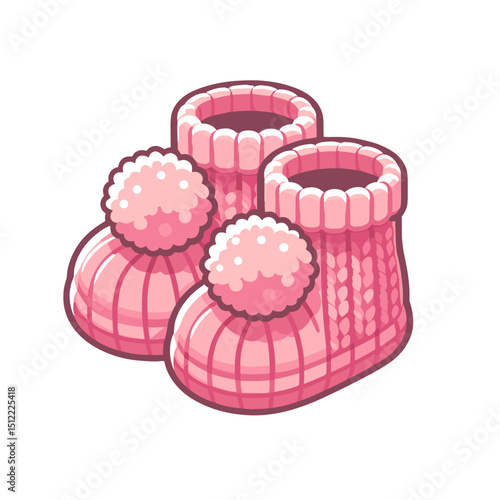 Small neat knitted baby booties with pompom for newborn, pink vector on transparent background