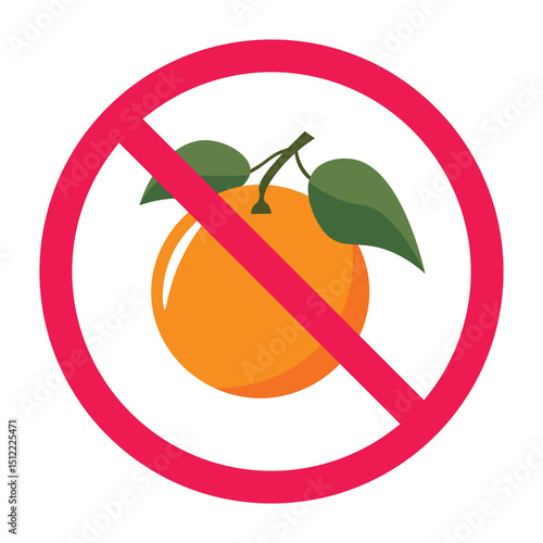 Forbidden sign with orange fruit icon, no citrus fruit allowed sign, orange prohibition sign, do not eat orange symbol