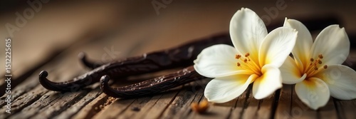 Dried vanilla beans & delicate blossom, rustic setting, cooking, image, culinary