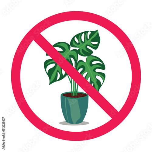 Houseplants forbidden sign, plant prohibited sign. forbidden sign with monstera in a pot icon, no potted plant allowed sign, plant prohibition sign
