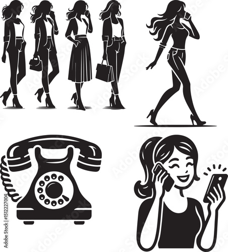 A collection of black and white vector illustrations featuring women and telephones in various styles