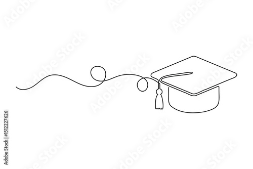 The graduation cap and diploma in a single line drawing on a white artboard simply express achievement and the path of education.