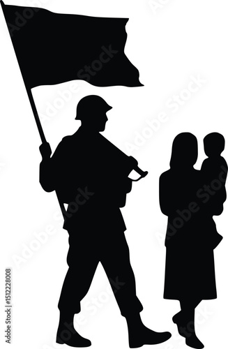 Soldier silhouette holding an american flag alongside civilians, symbolizing unity, service, and national pride

