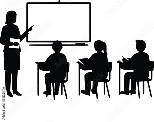 Silhouette of a teacher leading classroom with students seated learning instruction
