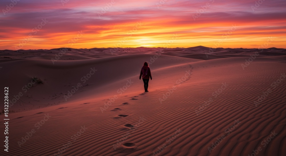 Person Walking on Sand Dunes at Sunset in Desert Person Walking on Sand Dunes at Sunset in Desert
