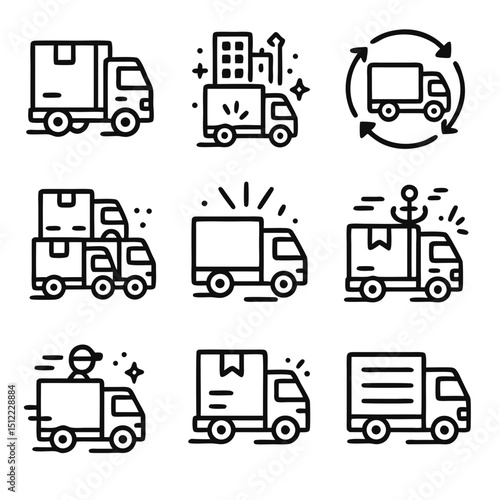 This line icon set shows what moves goods, who ships stock, when freight flows, where trucks go, why speed counts, and how trade works with pack, load, and route tools.
