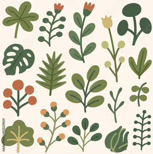 
A whimsical assortment of hand-drawn botanical elements in muted green, rust, and yellow tones, featuring various leaves, branches, and simple flowers on a cream background.