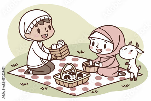 Sweet picnic scene Cartoon Muslim families sitting on polka-dot blankets sharing super cute food—smiling satay sticks, happy ketupat with blushy cheeks, giggling cookies. A tiny goat peeks from a bask