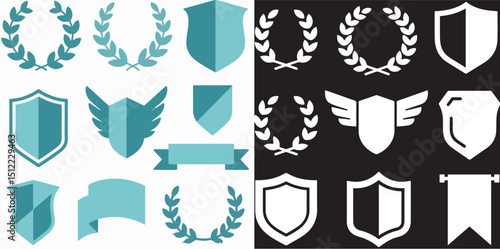 A split image featuring badge and emblem designs. The left panel shows various teal shields, wreaths, and banners on white, while the right displays white outlines and solid shapes of similar elements