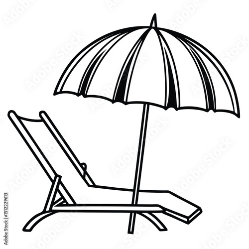 Beach chair and umbrella line art isolated on white background