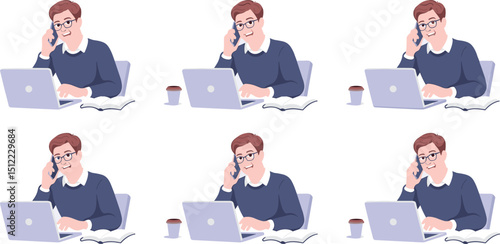 Businessman on phone call working remotely with laptop, coffee, and open book, multitasking at home office desk, communication, productivity, freelance, digital workspace