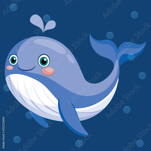 Funny Whale Cartoon Character. Cute whale icon, Marine day. Vector cartoon of aquarium character, marine creature. Giant blue aquatic mammal with fins and tail, diving underwater humpback whale 
