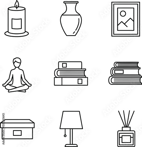 Elegant Home Interior Vector Icon Set - Linear Style for Decoration & Design