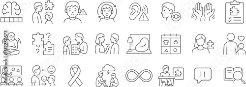 Autism awareness and neurodiversity support concept vector illustration. Line icons show behavior signs, therapy, emotional communication and inclusive education for children.