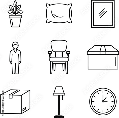 Elegant Home Interior Vector Icon Set - Linear Style for Decoration & Design