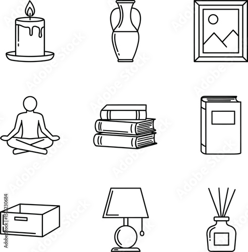 Elegant Home Interior Vector Icon Set - Linear Style for Decoration & Design