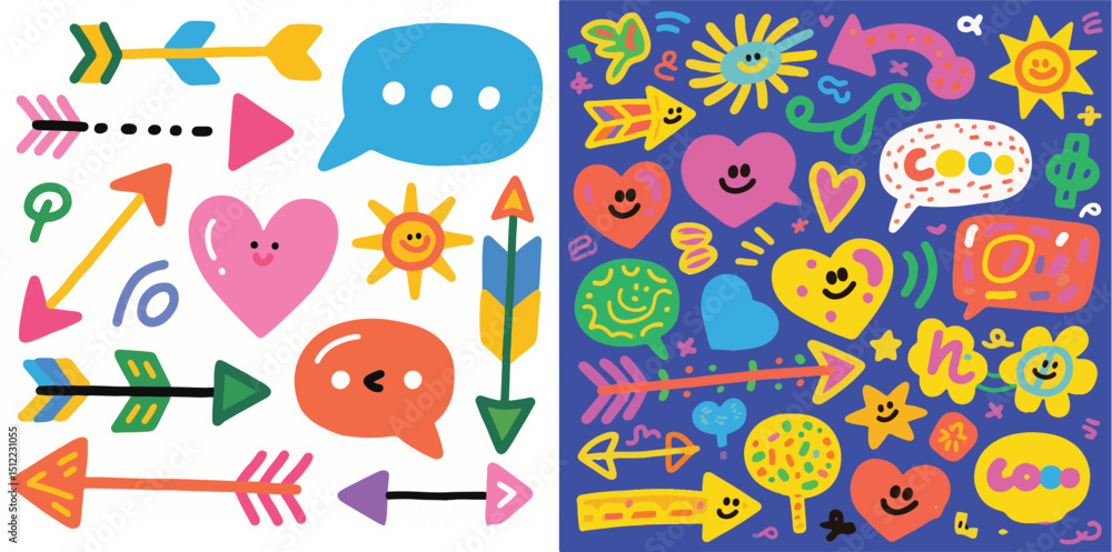 Fototapeta premium A vibrant collection of hand-drawn doodle-style stickers on two backgrounds: the left on white, the right on blue. Elements include arrows, hearts, speech bubbles, and suns, some with smiling faces.
