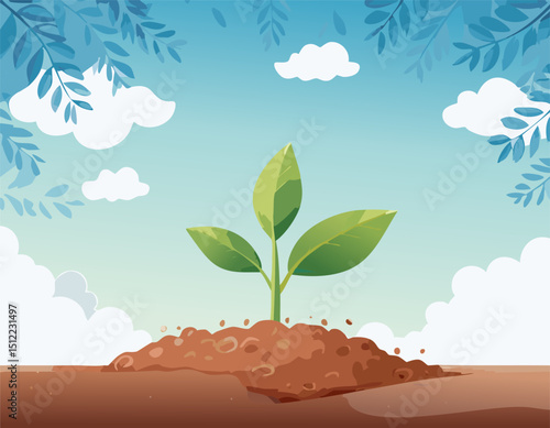 Young sprout growing from fertile soil under a clear sky, surrounded by floating leaves and peaceful nature, digital illustration with a soft and clean aesthetic.