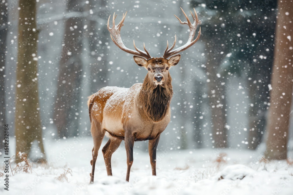 Majestic red deer with antlers in snowy forest Majestic red deer with antlers in snowy forest