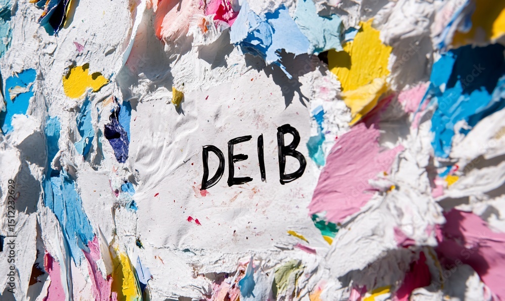 Fototapeta premium Colorful paper scraps covering a white sheet with the word DEIB written on it