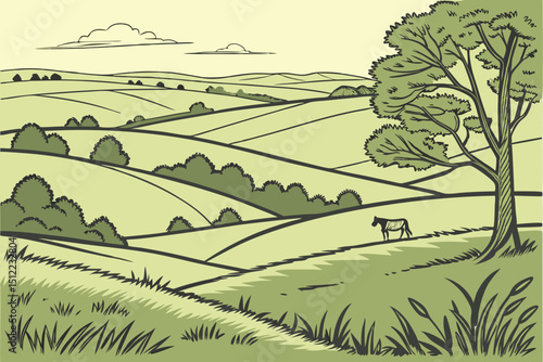 Vector sketch Green grass field on small hills. Meadow, alkali, lye, grassland, pommel, lea, pasturage, farm. Rural scenery landscape panorama of countryside pastures. illustration