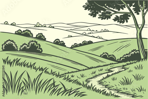 Vector sketch Green grass field on small hills. Meadow, alkali, lye, grassland, pommel, lea, pasturage, farm. Rural scenery landscape panorama of countryside pastures. illustration
