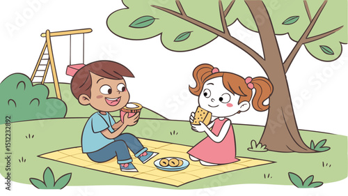 A playful duo enjoying a snack break, representing innocent childhood companionship.